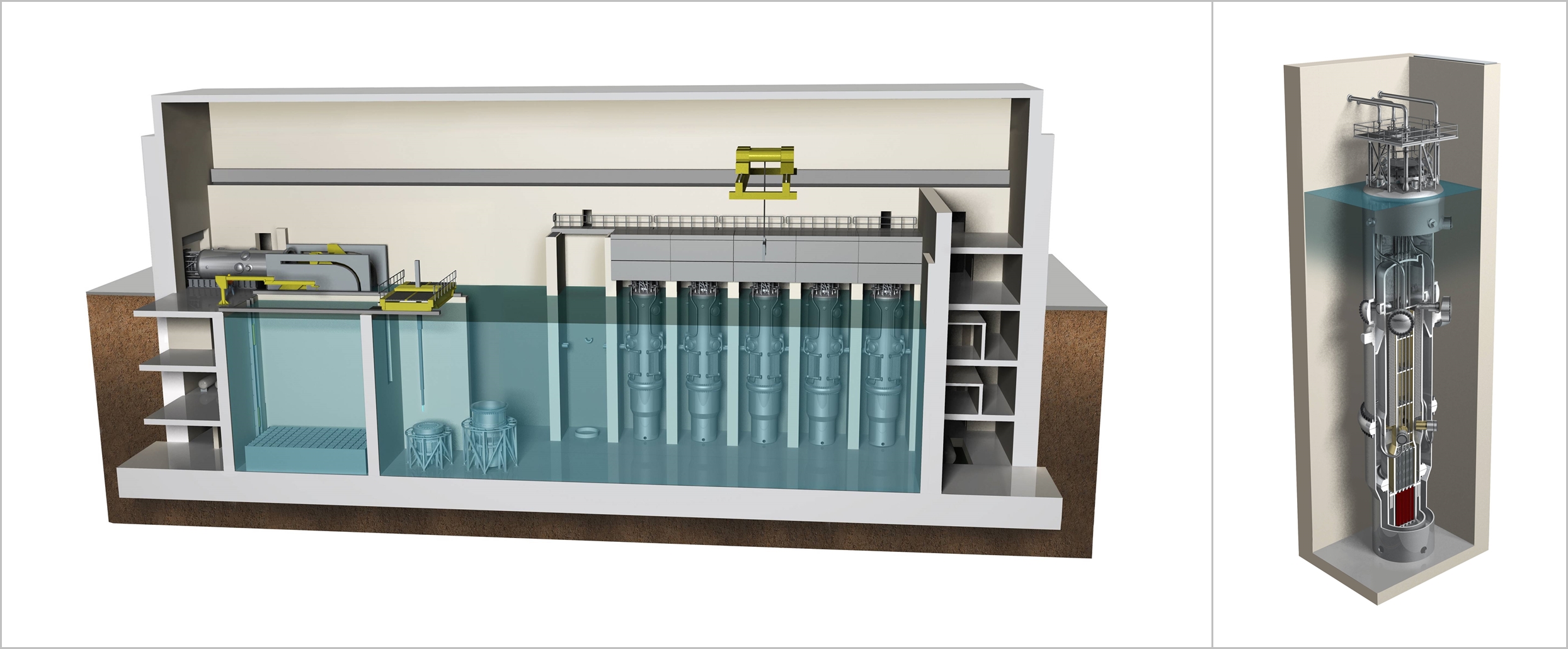 (왼쪽) 뉴스케일 소형모듈원전 건물 내부 | (오른쪽) 뉴스케일 소형모듈원전 단면